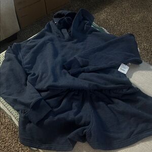 Free People Navy hooded romper with open back